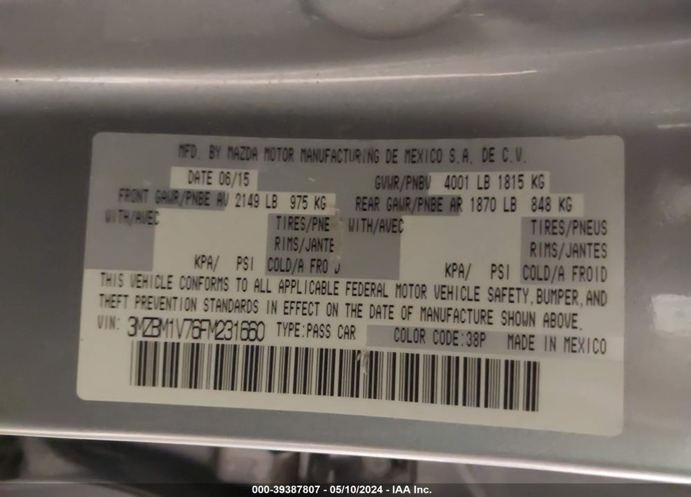 2015 MAZDA 3 I TOURING VIN: 3MZBM1V76FM231660