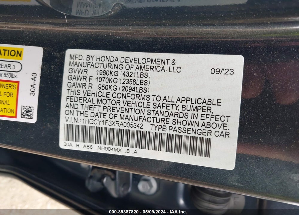 2024 HONDA ACCORD EX VIN: 1HGCY1F3XRA005342