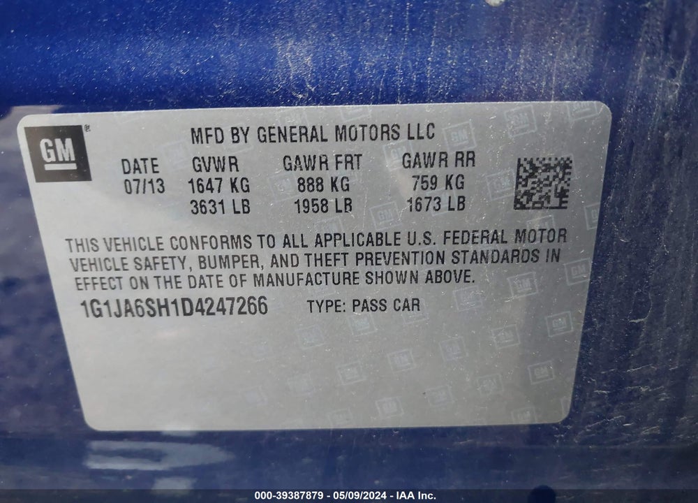2013 CHEVROLET SONIC VIN: 1G1JA6SH1D4247266