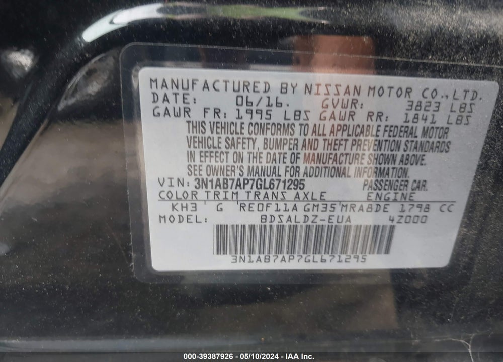 2016 NISSAN SENTRA SV VIN: 3N1AB7AP7GL671295