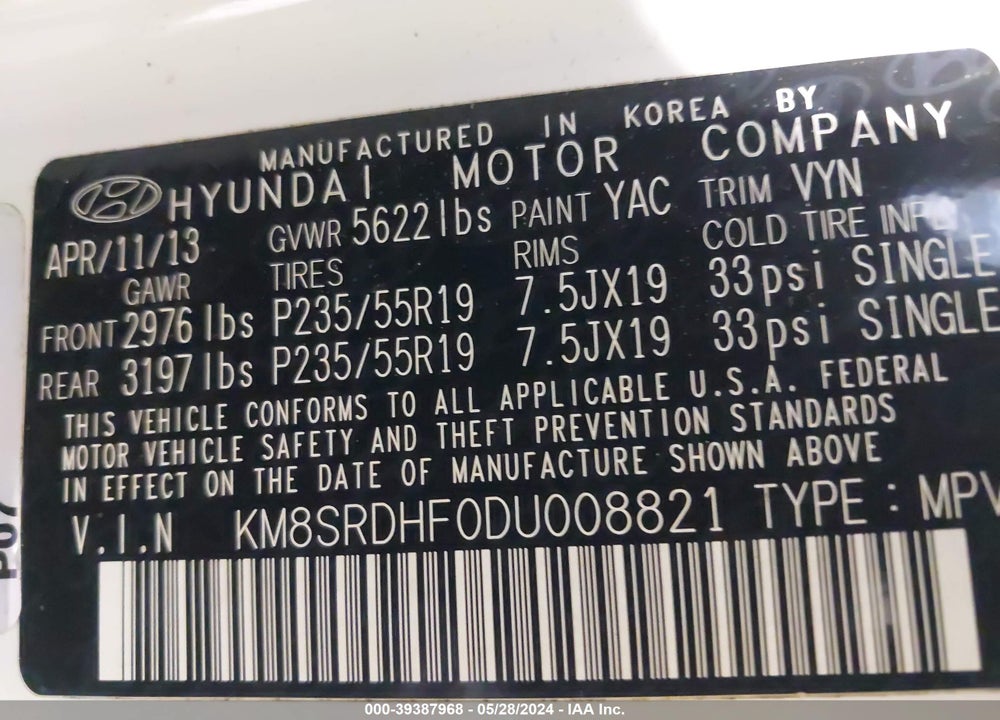 2013 HYUNDAI SANTA FE LIMITED VIN: KM8SRDHF0DU008821