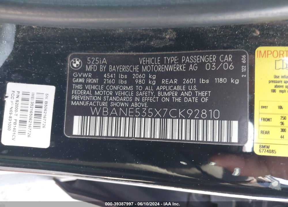 2007 BMW 525I VIN: WBANE535X7CK92810
