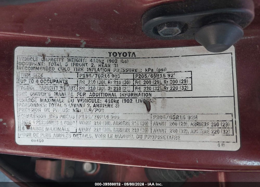 2000 TOYOTA CAMRY CE/LE/XLE VIN: 4T1BG22K4YU680886