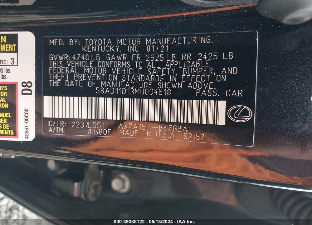 2021 LEXUS ES 250 VIN: 58AD11D13MU004618