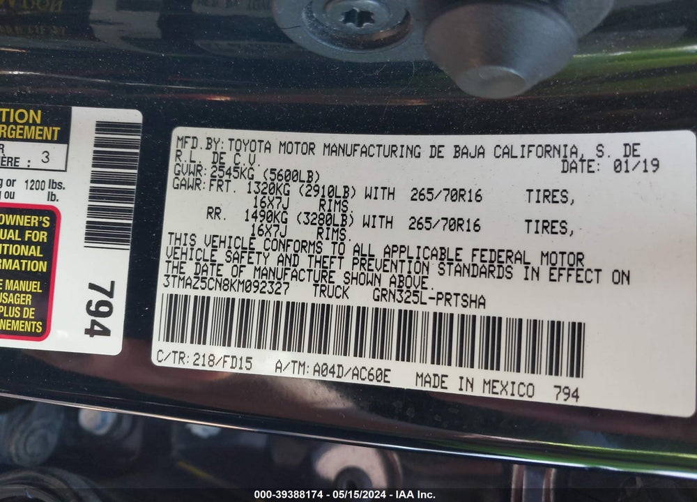 2019 TOYOTA TACOMA TRD OFF ROAD VIN: 3TMAZ5CN8KM092327