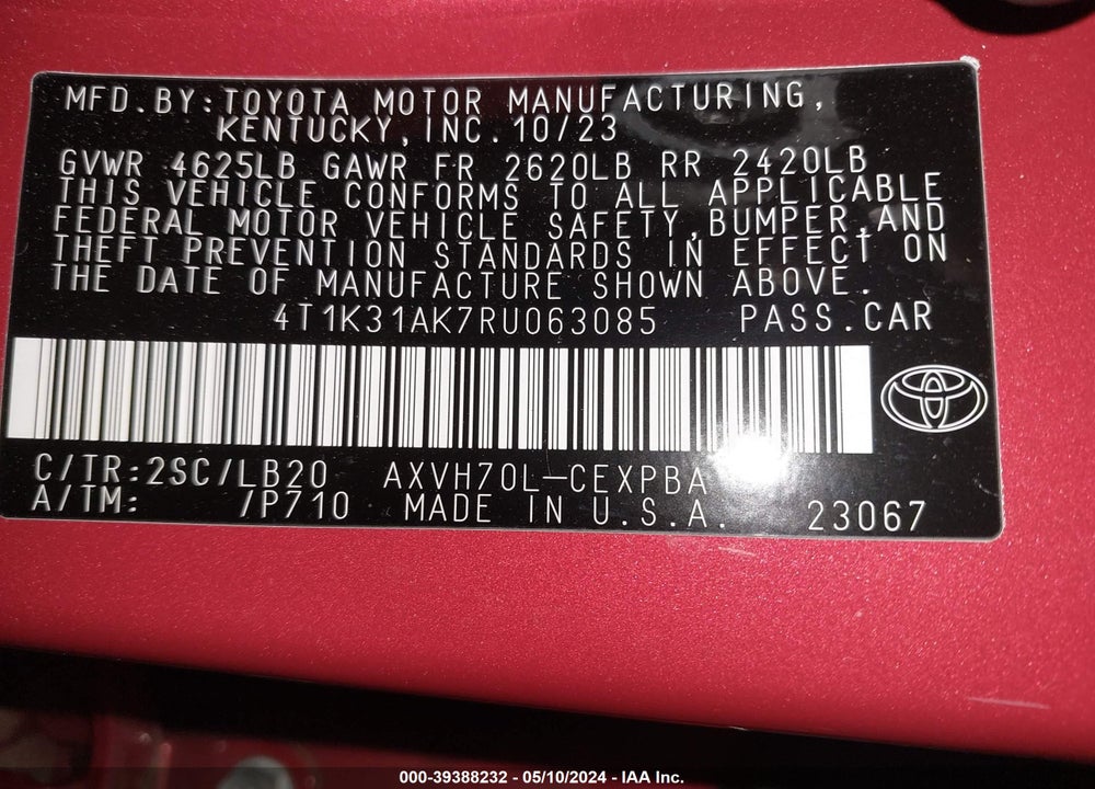 2024 TOYOTA CAMRY HYBRID XSE VIN: 4T1K31AK7RU063085