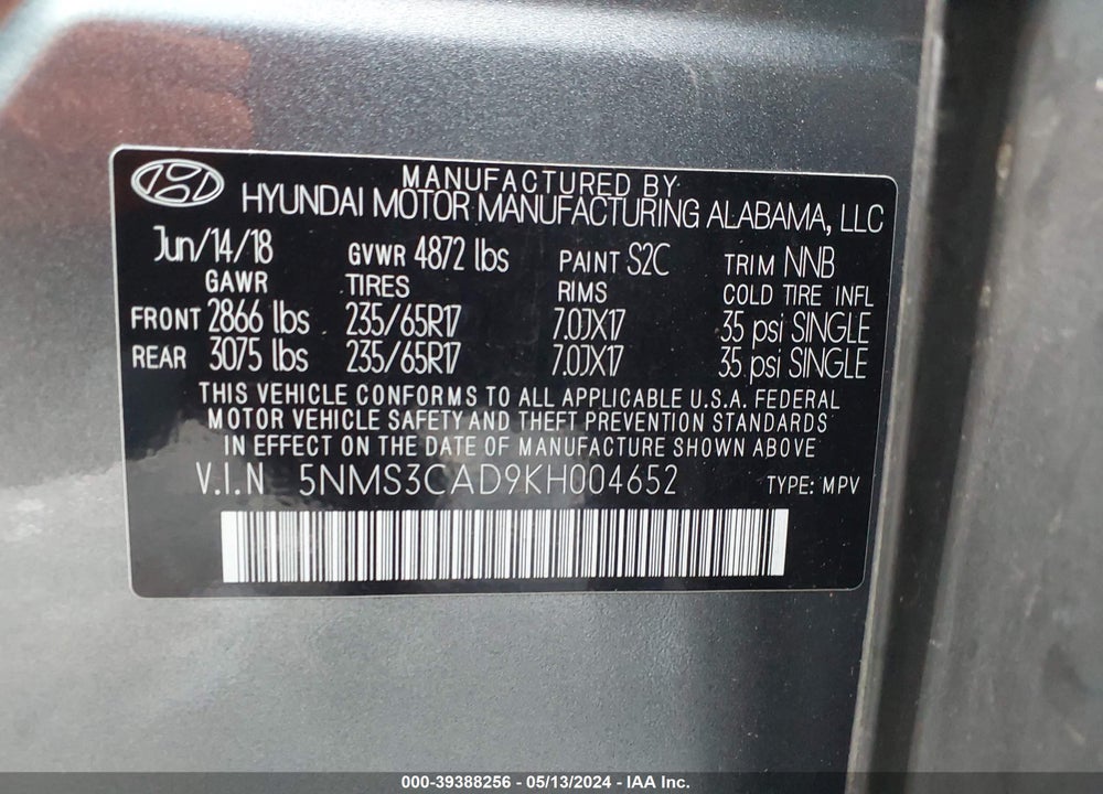 2019 HYUNDAI SANTA FE VIN: 5NMS3CAD9KH004652