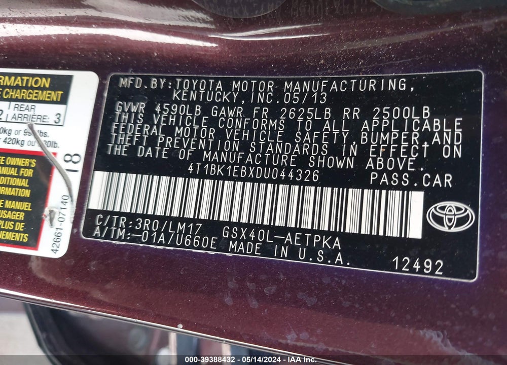2013 TOYOTA AVALON LIMITED VIN: 4T1BK1EBXDU044326