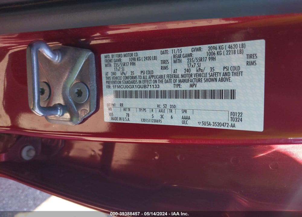 2016 FORD ESCAPE SE VIN: 1FMCU0GX1GUB71133