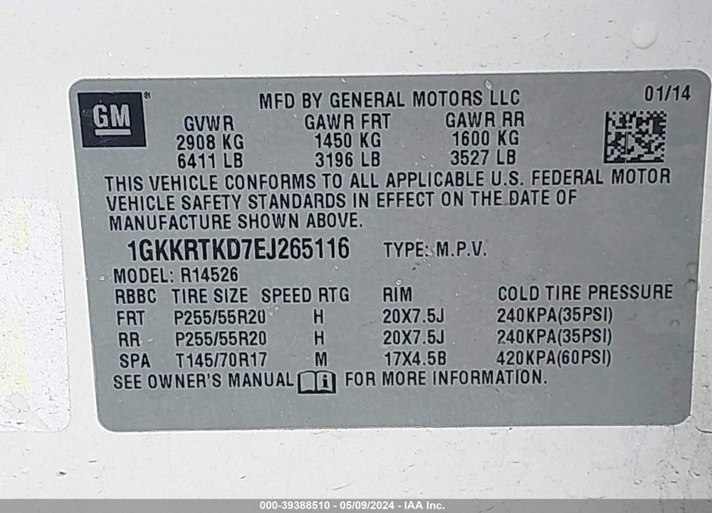 2014 GMC ACADIA DENALI VIN: 1GKKRTKD7EJ265116