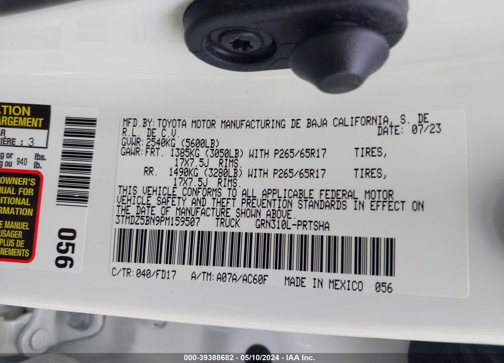 2023 TOYOTA TACOMA TRD SPORT VIN: 3TMDZ5BN9PM159507