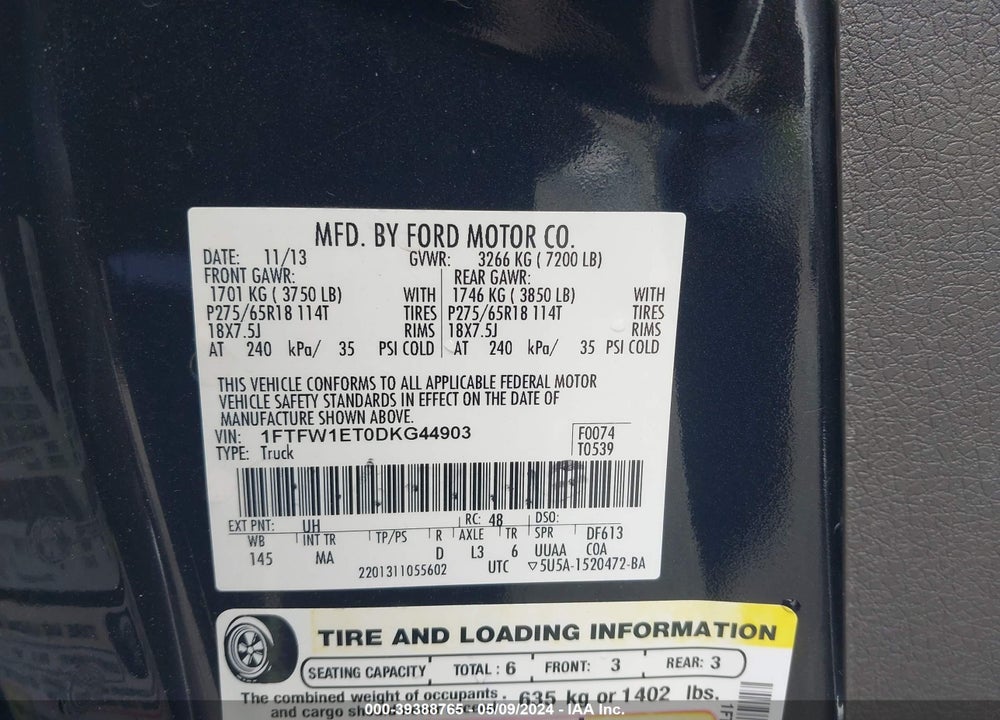 2013 FORD F-150 VIN: 1FTFW1ET0DKG44903