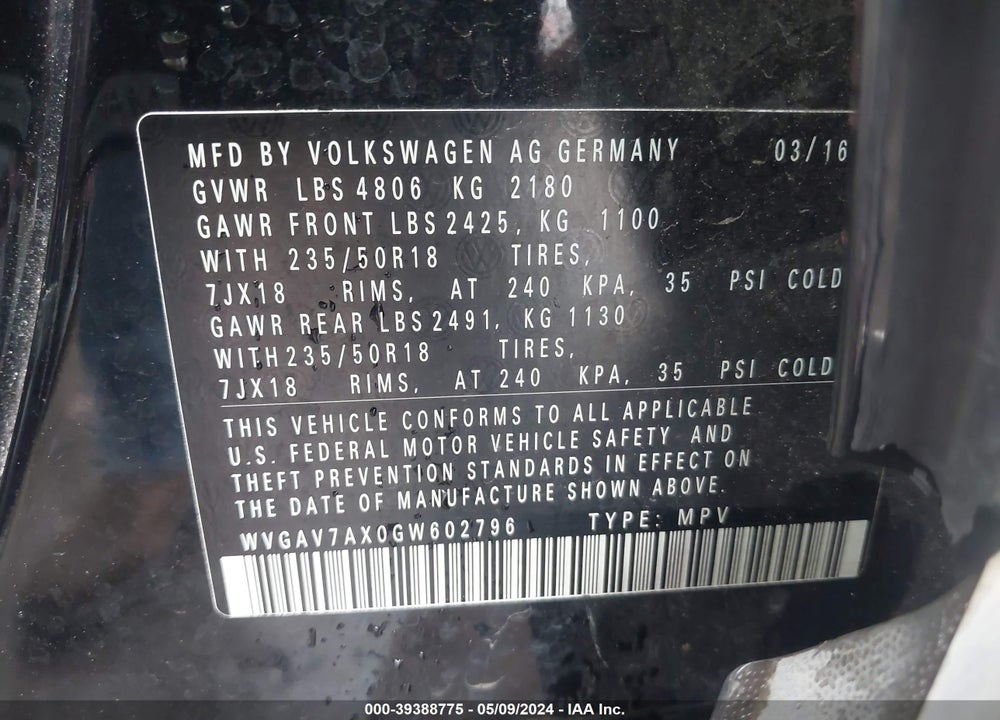 2016 VOLKSWAGEN TIGUAN SE VIN: WVGAV7AX0GW602796