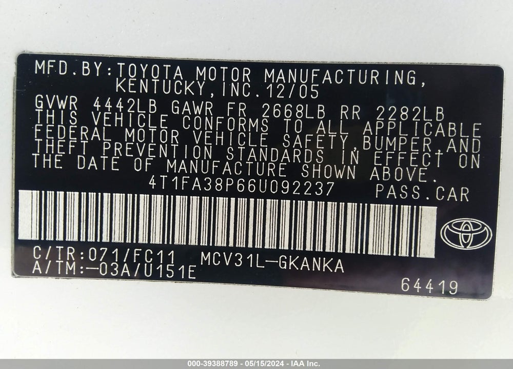 2006 TOYOTA CAMRY SOLARA VIN: 4T1FA38P66U092237