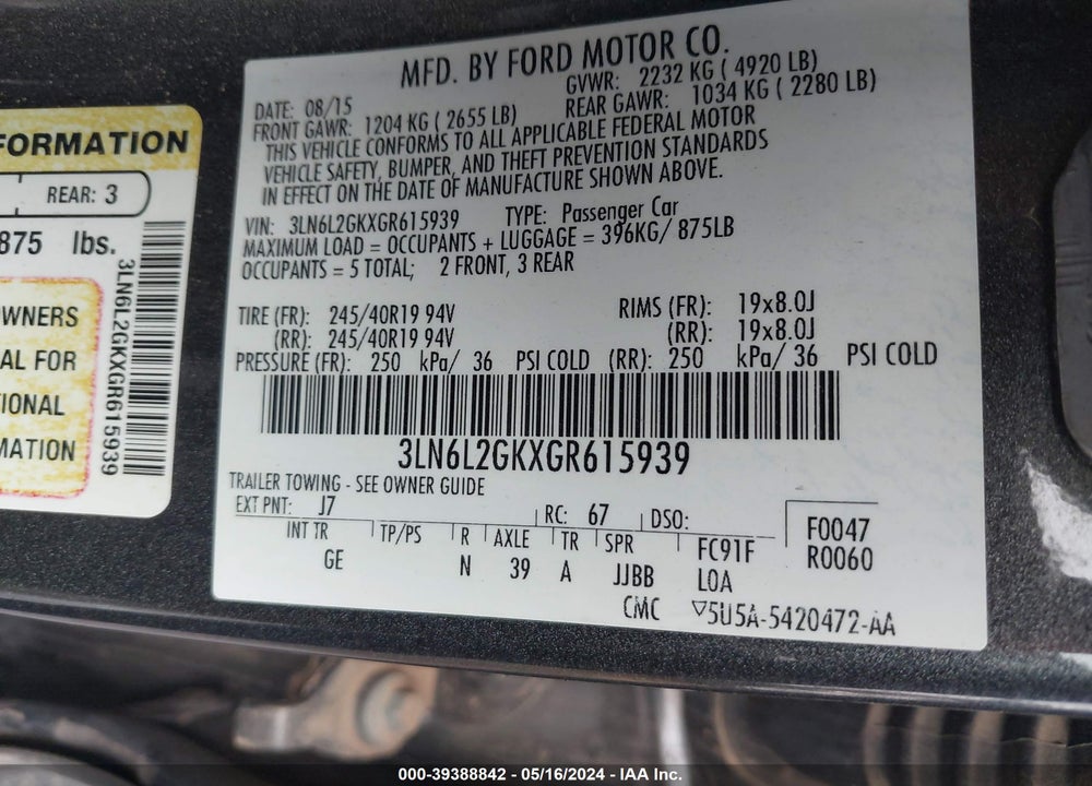 2016 LINCOLN MKZ VIN: 3LN6L2GKXGR615939