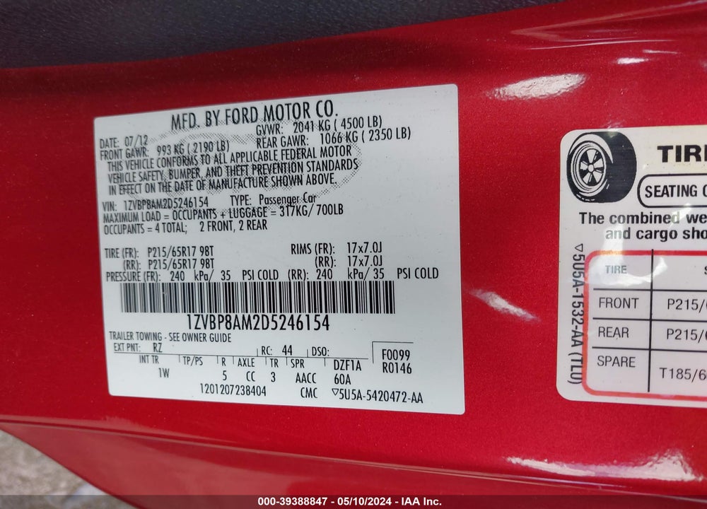 2013 FORD MUSTANG V6 VIN: 1ZVBP8AM2D5246154