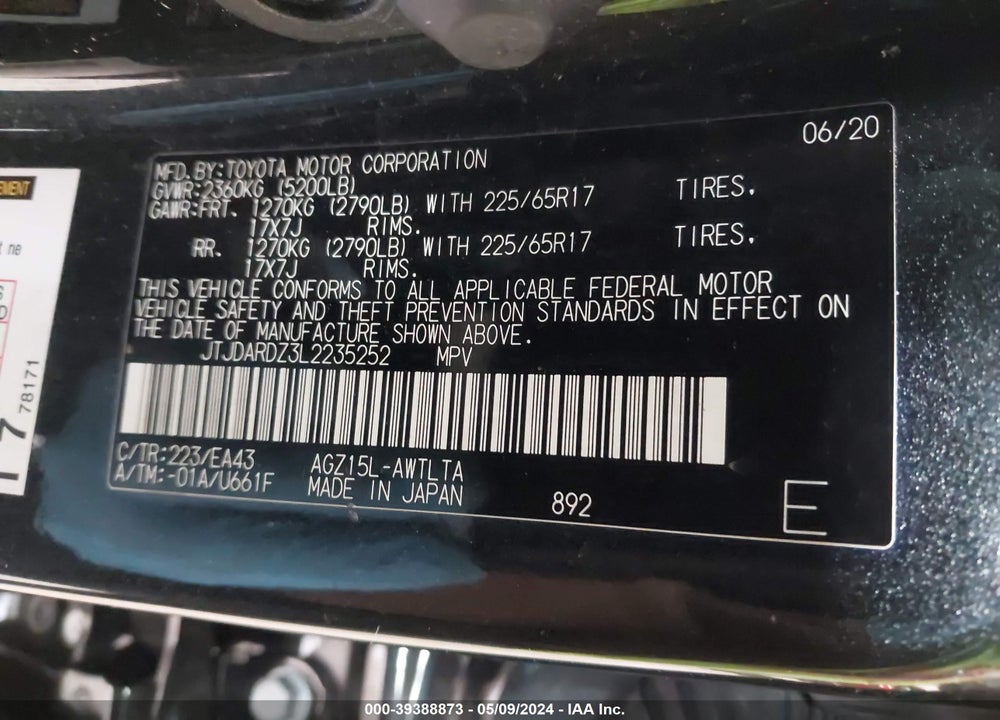 2020 LEXUS NX 300 VIN: JTJDARDZ3L2235252