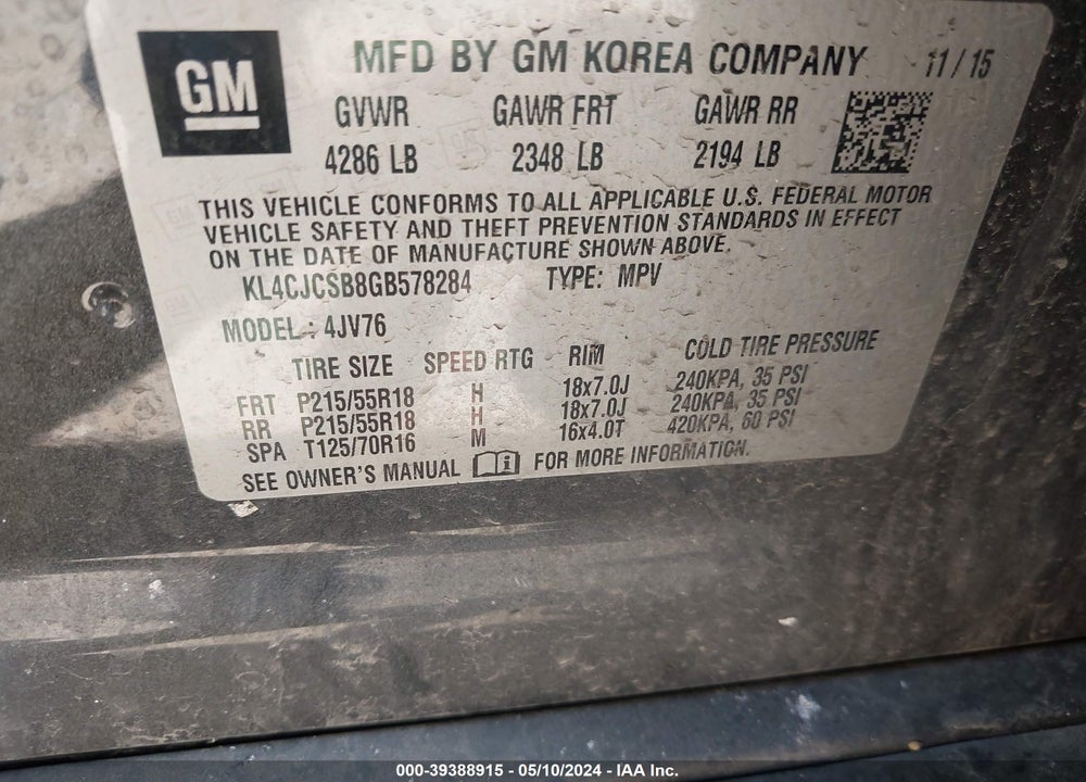 2016 BUICK ENCORE LEATHER VIN: KL4CJCSB8GB578284