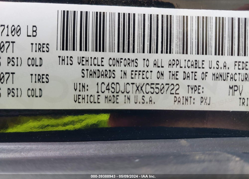 2019 DODGE DURANGO R/T AWD VIN: 1C4SDJCTXKC550722