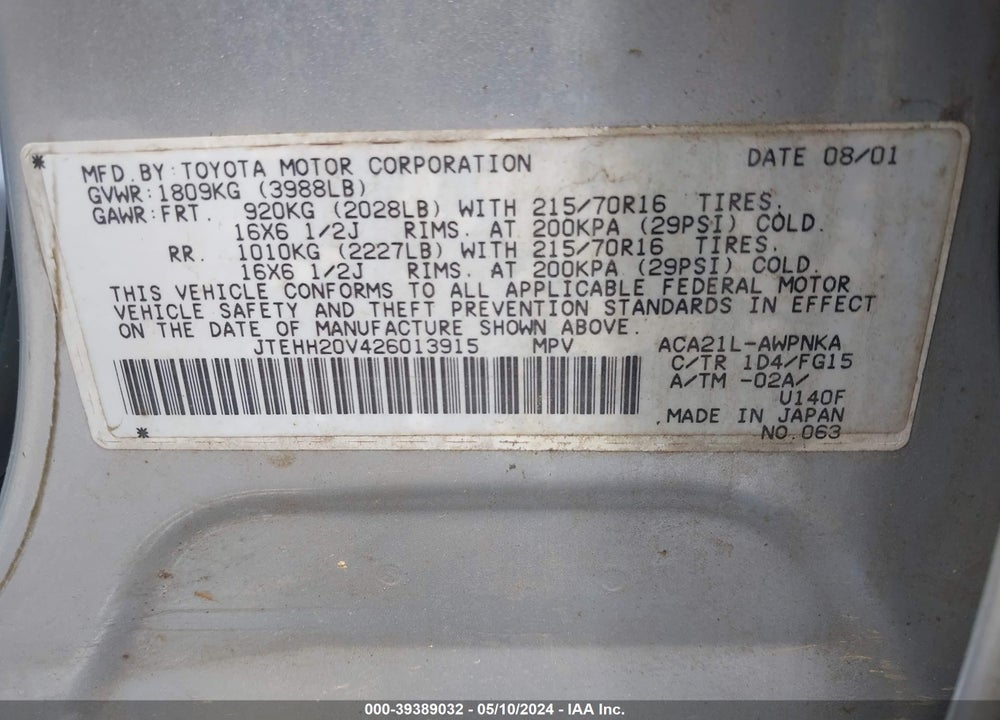 2002 TOYOTA RAV4 VIN: JTEHH20V426013915