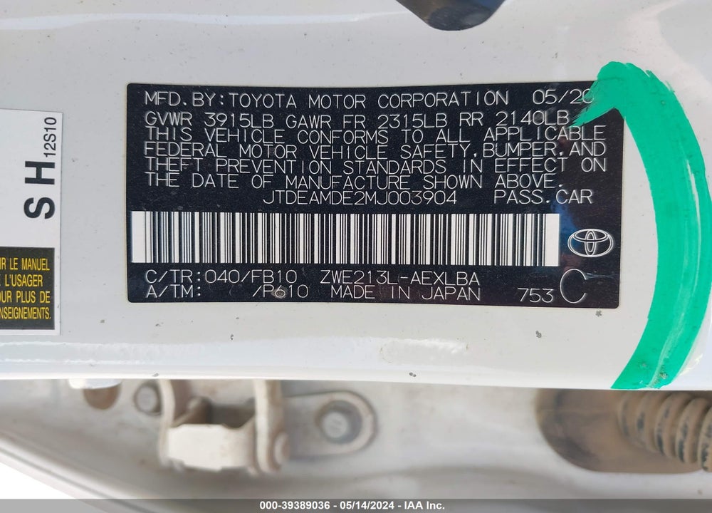 2021 TOYOTA COROLLA HYBRID LE VIN: JTDEAMDE2MJ003904