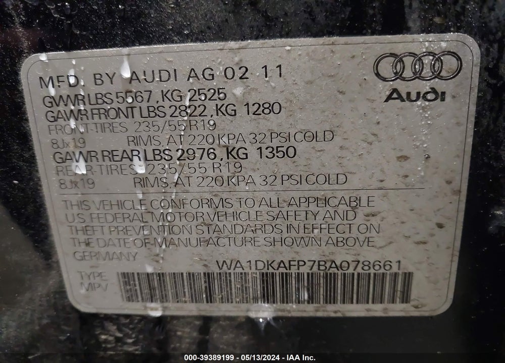 2011 AUDI Q5 3.2 PREMIUM PLUS VIN: WA1DKAFP7BA078661