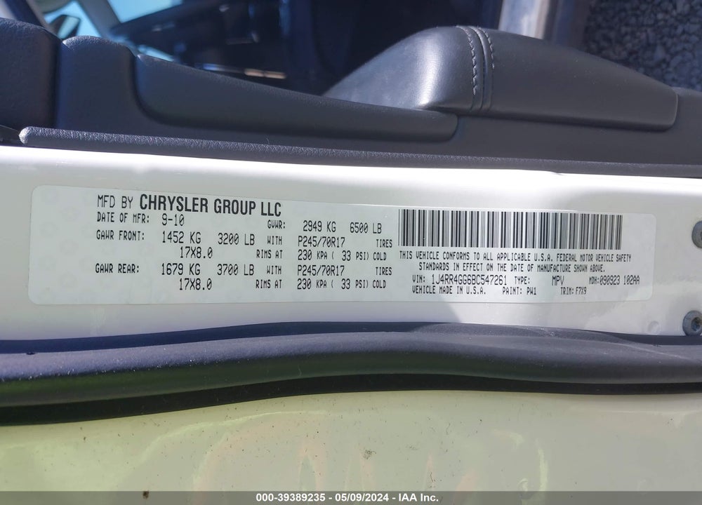 2011 JEEP GRAND CHEROKEE LAREDO VIN: 1J4RR4GG6BC547261