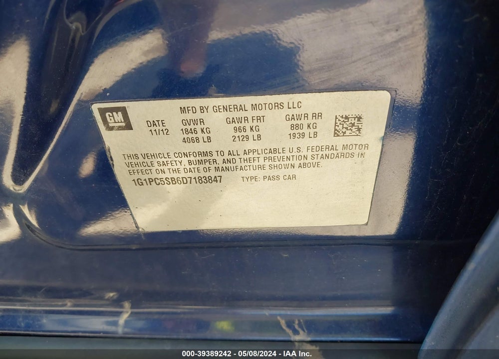 2013 CHEVROLET CRUZE 1LT AUTO VIN: 1G1PC5SB6D7183847