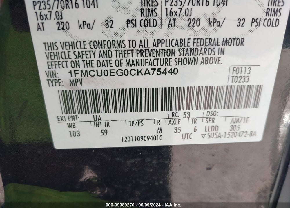2012 FORD ESCAPE LIMITED VIN: 1FMCU0EG0CKA75440