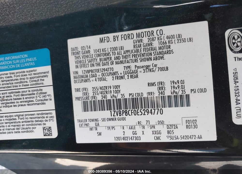 2014 FORD MUSTANG GT PREMIUM VIN: 1ZVBP8CF0E5294770