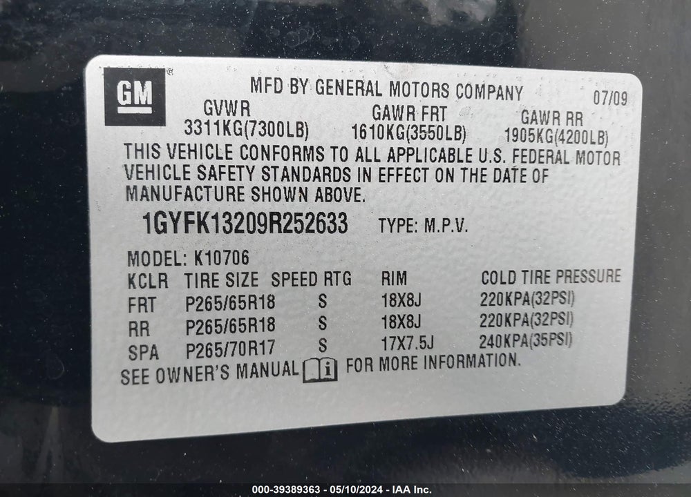 2009 CADILLAC ESCALADE STANDARD VIN: 1GYFK13209R252633