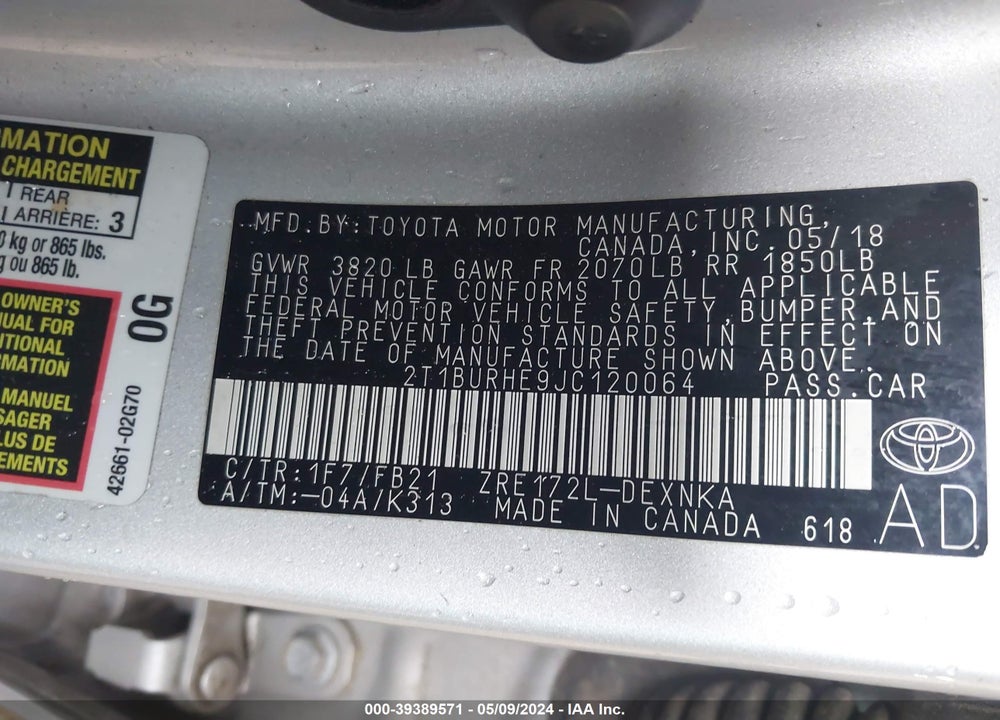 2018 TOYOTA COROLLA LE VIN: 2T1BURHE9JC120064