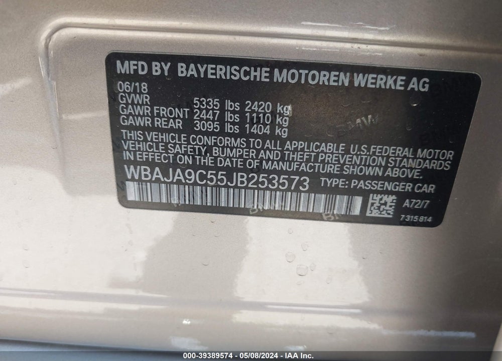 2018 BMW 530E IPERFORMANCE VIN: WBAJA9C55JB253573