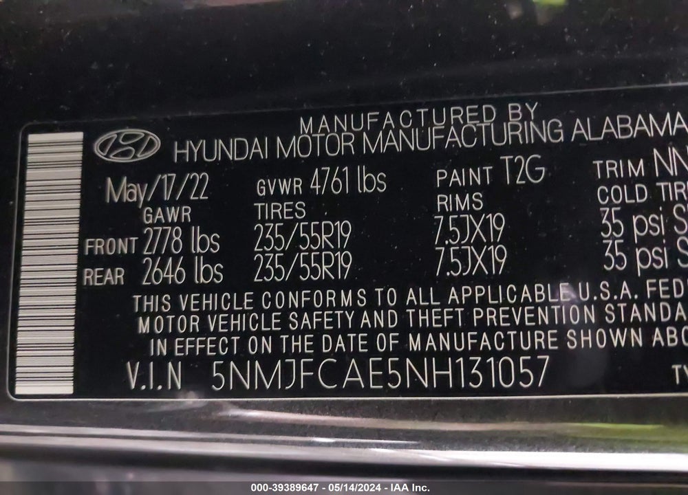 2022 HYUNDAI TUCSON SEL VIN: 5NMJFCAE5NH131057