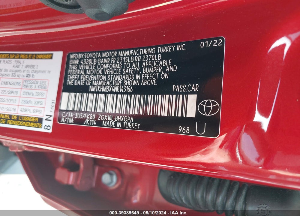 2022 TOYOTA C-HR XLE VIN: NMTKHMBX4NR143166
