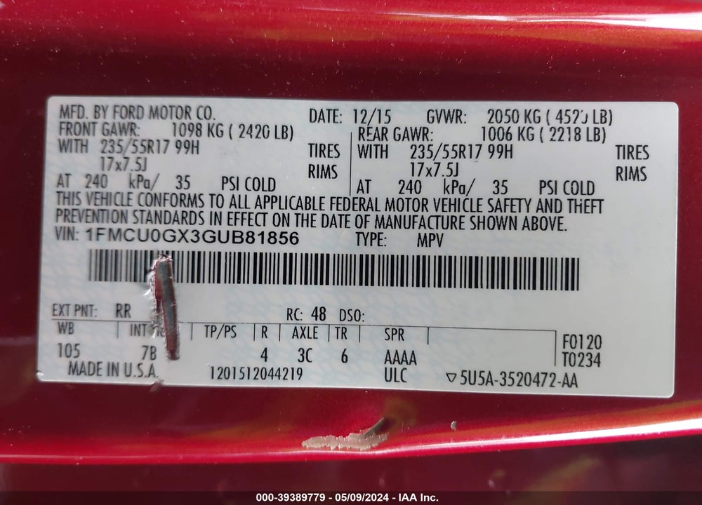 2016 FORD ESCAPE SE VIN: 1FMCU0GX3GUB81856