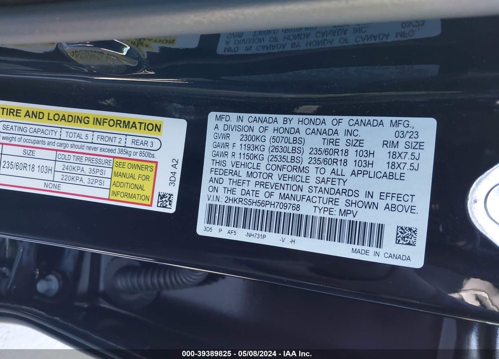 2023 HONDA CR-V HYBRID SPORT VIN: 2HKRS5H56PH709768