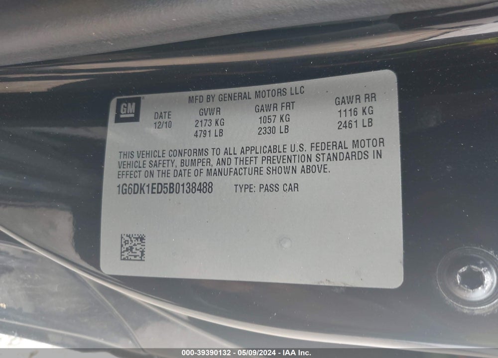 2011 CADILLAC CTS PERFORMANCE VIN: 1G6DK1ED5B0138488