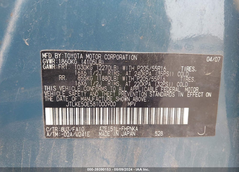 2008 SCION XB VIN: JTLKE50E581000900