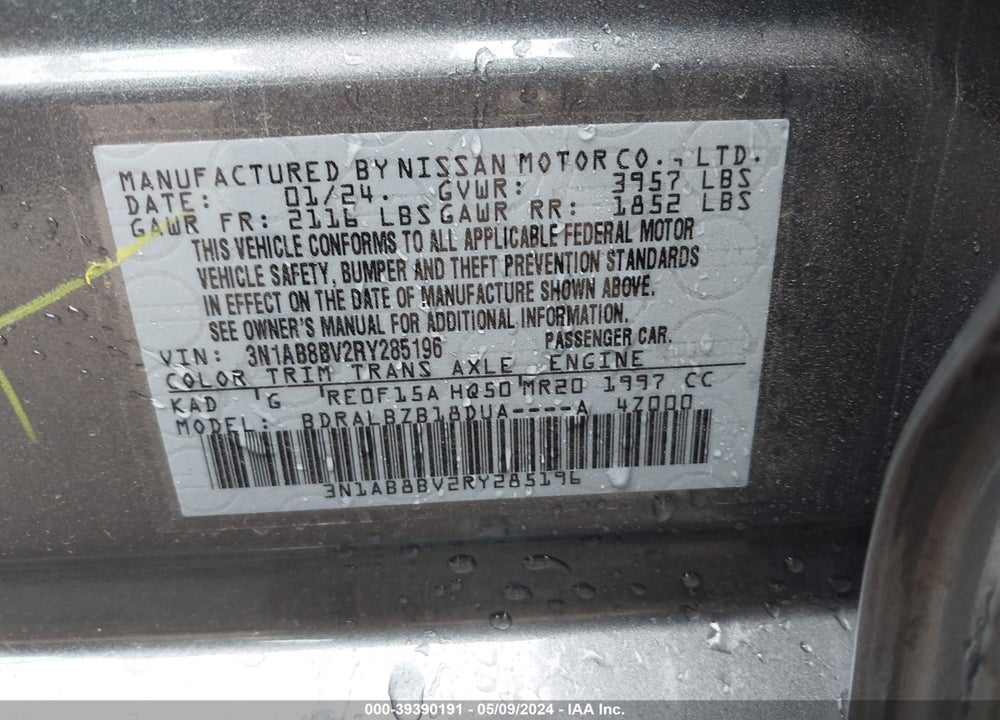 2024 NISSAN SENTRA S XTRONIC CVT VIN: 3N1AB8BV2RY285196
