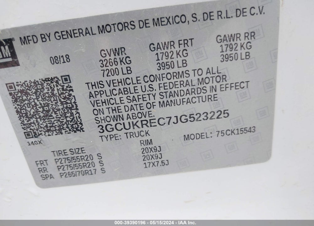 2018 CHEVROLET SILVERADO 1500 2LT VIN: 3GCUKREC7JG523225