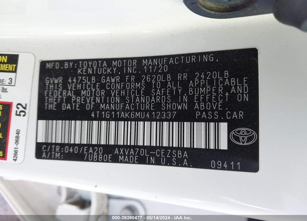 2021 TOYOTA CAMRY SE VIN: 4T1G11AK6MU412337