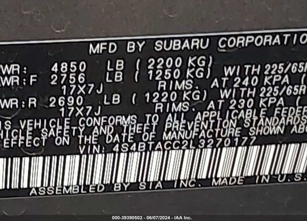 2020 SUBARU OUTBACK PREMIUM VIN: 4S4BTACC2L3270177