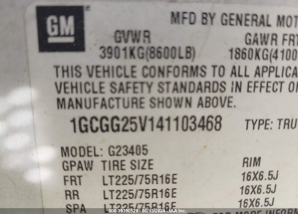 2004 CHEVROLET EXPRESS VIN: 1GCGG25V141103468