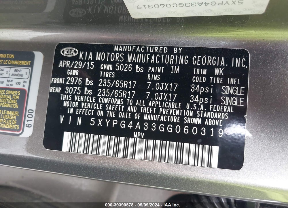 2016 KIA SORENTO 2.4L LX VIN: 5XYPG4A33GG060319