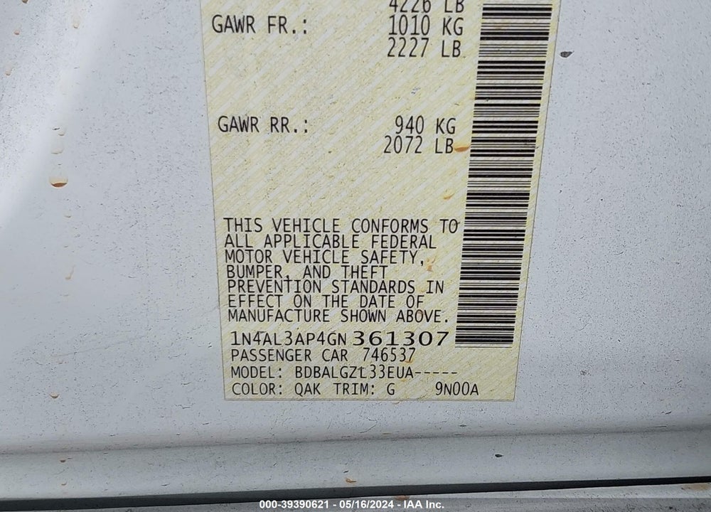 2016 NISSAN ALTIMA 2.5/2.5 S/2.5 SL/2.5 SR/2.5 SV VIN: 1N4AL3AP4GN361307