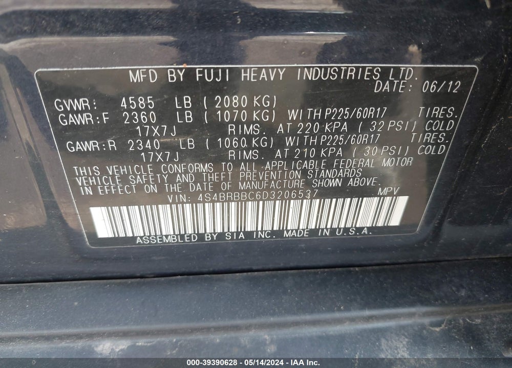 2013 SUBARU OUTBACK VIN: 4S4BRBBC6D3206537