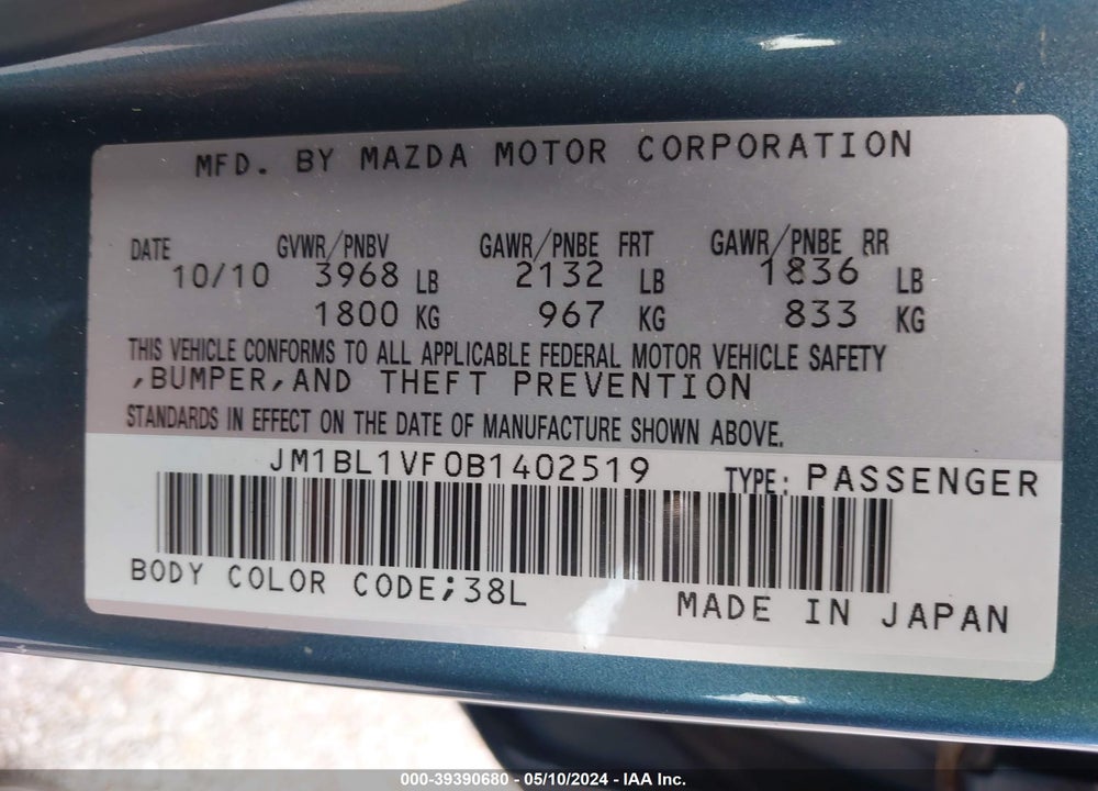 2011 MAZDA 3 I TOURING VIN: JM1BL1VF0B1402519