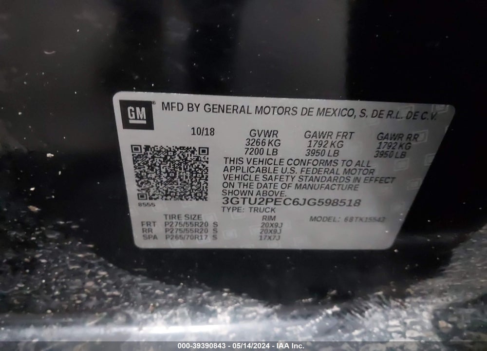2018 GMC SIERRA 1500 DENALI VIN: 3GTU2PEC6JG598518