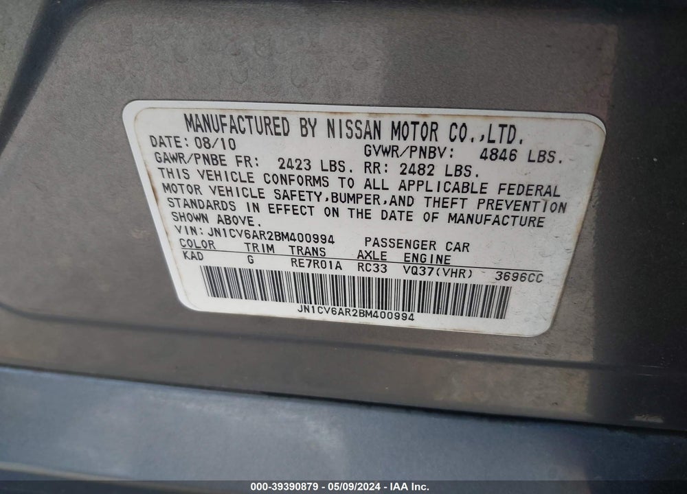 2011 INFINITI G37X VIN: JN1CV6AR2BM400994